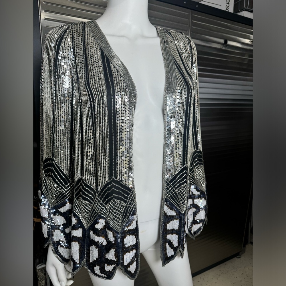 Embellished Black & Silver Sequin Open Jacket